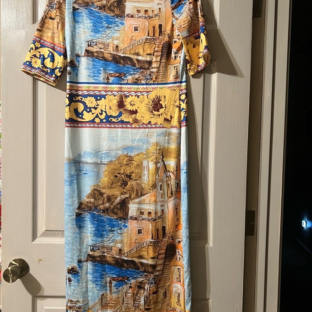 Elegant Coastal Print Long Sleeve Dress